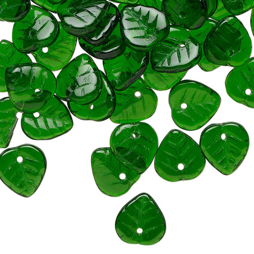 Bead, 50 Czech Pressed Glass Emerald Green Top Drilled 9x8.5mm Leaf Beads with 0.9-1mm Hole