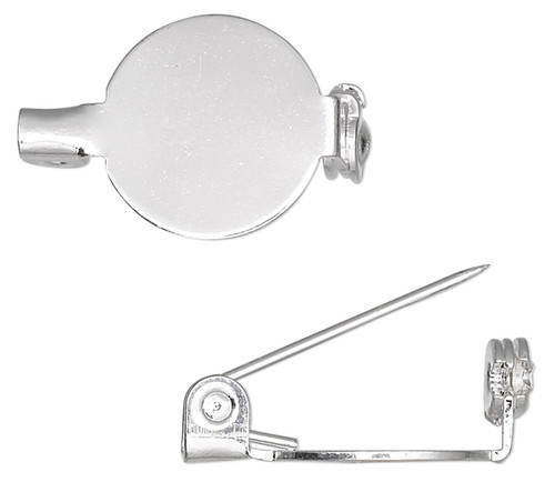 Pin Back, 10 Silver Plated Steel 1/2 Inch Round Pin Base with 3/4 Inch Long Pin Backs