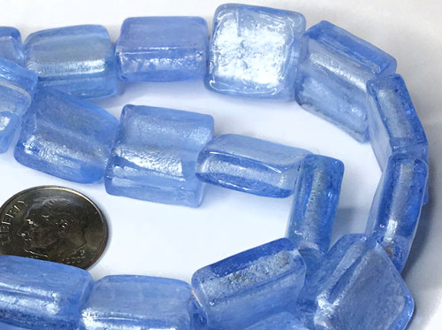 Bead, Glass, (24) Light Sapphire Blue Lampworked Glass 15mm Square Foil Beads 1.8-2.2mm Hole *