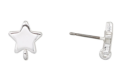 Earstud, 2 Pair Silver Plated Steel 9mm STAR Earring Post with Closed Loop