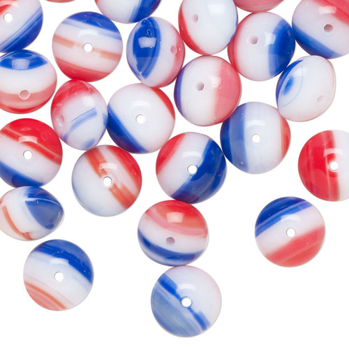 Bead, 50 Czech Pressed Glass 9x6mm Rondelle Beads Red / White / Blue Stripes