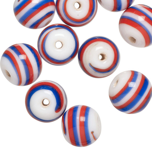 Beads, 10 Red, White & Blue Patriotic Lampworked Glass 12mm Round Beads