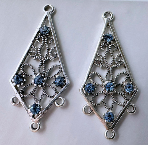 Focal, 2 Antiqued Silver Pewter Earring 34x18mm Kites with Aqua Blue Swarovski Crystals 
