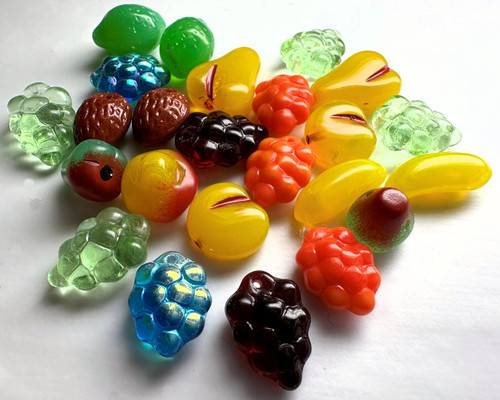 Bead Mix, 24 Glass Fruit Beads Bananas Grapes Pear Apples Limes Melons & More *