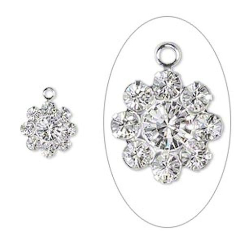 2 Silver Plated Brass 10mm Flower Charms with Clear Swarovski Crystals *