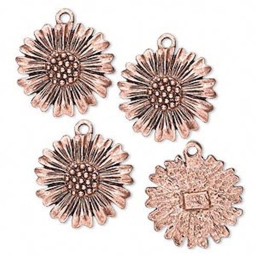 Charm, 4 Antiqued Copper Plated Pewter 16mm MUM Flower Charms  *