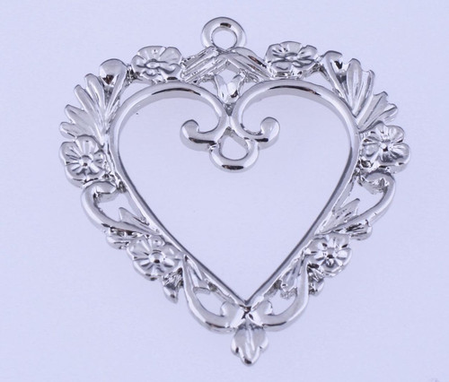 1 Silver Plated Pewter  33x31mm Open HEART with Floral Border Focal Charm