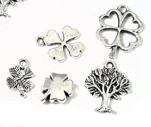 Charm Mix, 20 Antiqued Silver Finished Pewter Clover Shamrock & Tree Charm Bead MIX