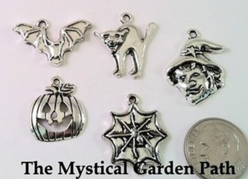 20 Antiqued Silver Plated Pewter Halloween Charm MIX Spider, Pumpkin, Cat & More `