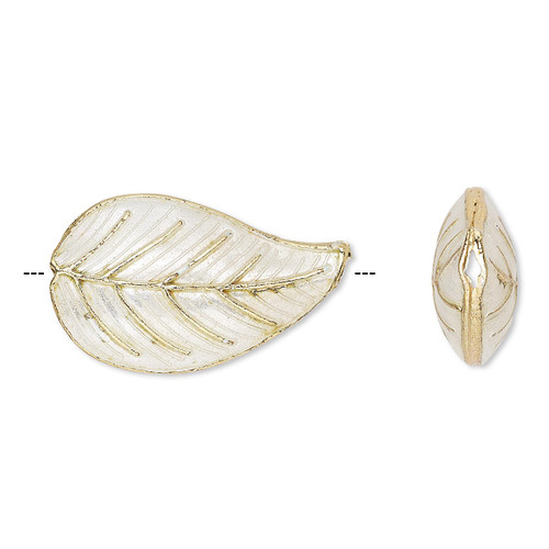 4 Gold Plated White Cloisonné 27x16mm Double Sided Leaf Beads