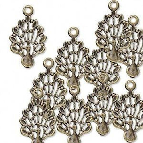 10 Antiqued Brass Pewter 16x12mm Peacock Bird Charms  *