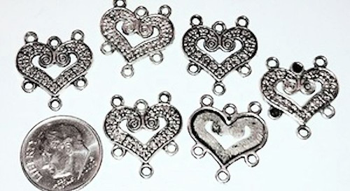 Connector, Link, 6 Antiqued Silver Pewter 18x14mm Open Heart Earring with 6 Loops *