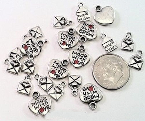 21 Antiqued Silver Plated Pewter 7x6-11x9mm Envelope & Heart Charms *