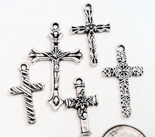 5 Antiqued Silver Plated Pewter CROSS & Crucifix Charm Mix ~ 17x11mm-29x20mm *