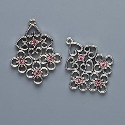 2 Antiqued Silver Pewter Filigree Drops with Light Rose Swarovski Crystals *s *