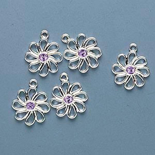 Charm, 5 Silver Plated Pewter Flower Charms with Swarovski Violet Crystals  *