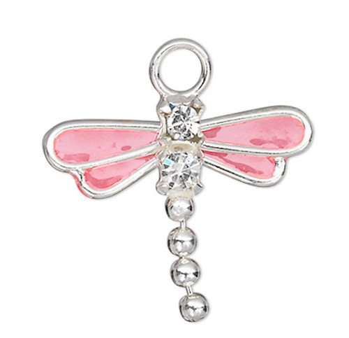 Charm, Dragonfly, 2 Sterling Silver Pink Small Dragonfly Charms Made with Swarovski Crystals