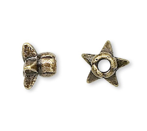 Bead Cap, 24 Antiqued Brass Finished Pewter 4.5x3mm Mini Star Bead Caps to Fit 4-6mm Beads