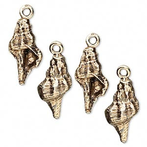 Charm, 4 Antiqued Gold Pewter 3 Dimensional 18x10mm Conch Sea Shell Charms *