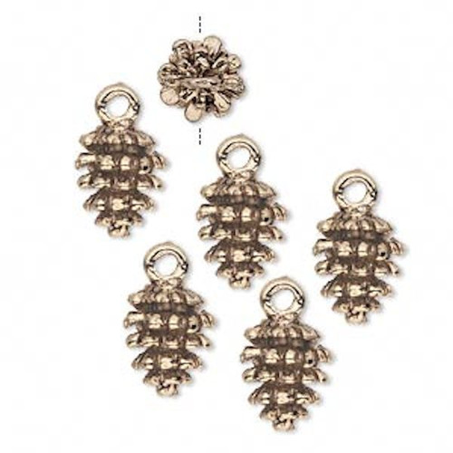 Charm, 6 Antiqued Gold Plated Pewter 10.5x9mm 3D Pine Cone Fir Drop Charms