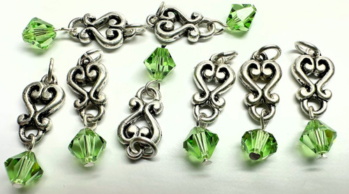 Drop, 8 Antiqued Silver Plated Pewter 8x26mm Heart Drop w/ Peridot Swarovski Crystals *