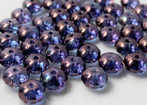 50 Amethyst Luster Czech Fire Polished Glass 7x4mm Faceted Rondelle Beads *