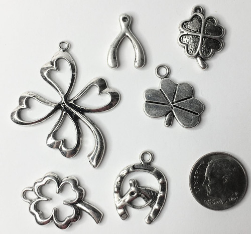 6 Antiqued Silver Plated Clover, Horseshoe, Wishbone Luck Charms *