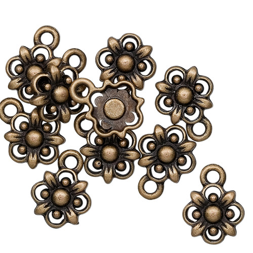 10 Antiqued Brass Pewter 10.5x10.5mm Flower Drop Charms