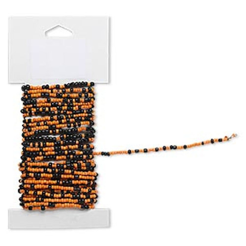Beaded Wire, 15 Feet Pre-Strung Opaque Black & Orange Glass #9 and #6 Round Seed Beads *
