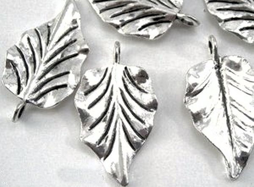 5 Antiqued Silver Plated Focal Leaf Charms   ~ 16x31mm Leaves  *