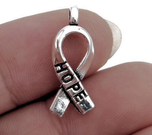 Charm, 12 Antiqued Silver 7x18mm HOPE Awareness Ribbon Charms *