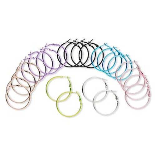 12 Pair Steel Multi Color 40mm Round Hoop Earrings `