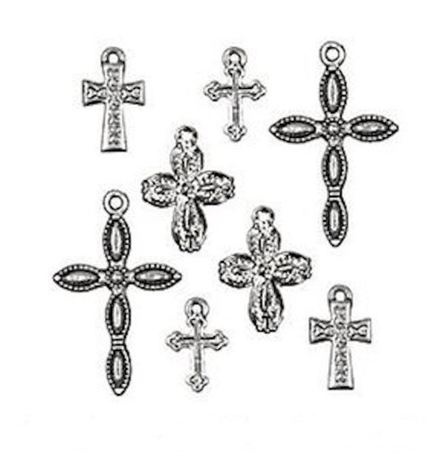 8 Antiqued Silver Plated Pewter Cross Charms & Pendant Mix *