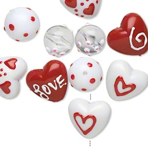 Bead, Heart, 10 Hand Painted Glass Red & White Love with 1.2-1.9mm Hole *