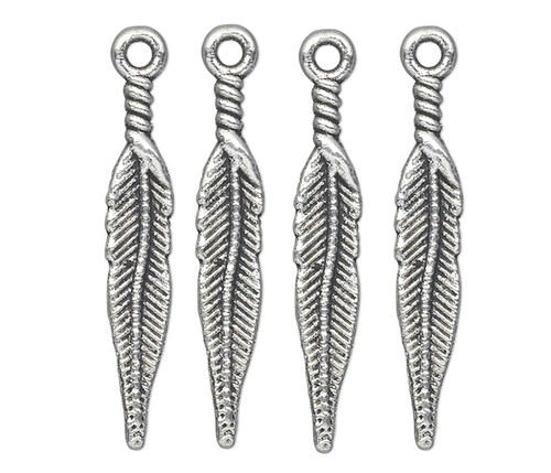 10 Antiqued Silver Plated Pewter 26x5mm FEATHER Charms