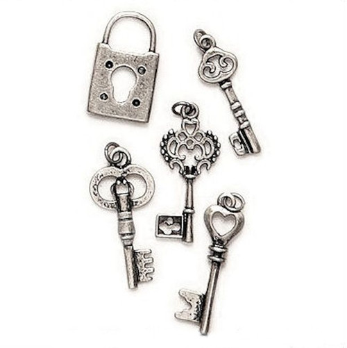 Charm Mix, Key, 5 Antiqued Silver Plated Pewter Lock & Keys *