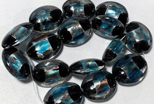 Bead, 1 Strand(14-15) Lampworked Glass Clear Black 24x10mm-26x22mm Puff Oval Beads *