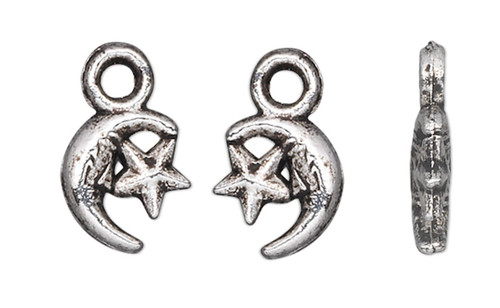 100 Antiqued Silver Plated Pewter 8x7mm Double Sided Moon & Star Charms