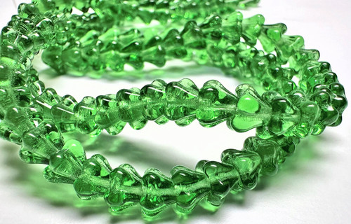 50 Czech Pressed Glass Prairie Green 6x4mm Baby Bell Cone Flower Beads