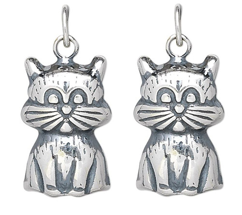 Drop, 2 Adorable Sterling Silver 15x10mm Kitty Cat Charms with Jump Rings *