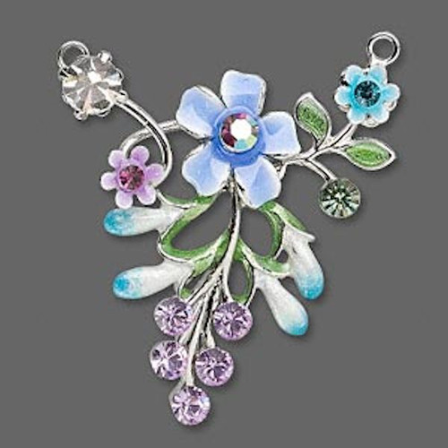 1 Blue Flower Leaves & Im Rhodium 37x41mm Focal Connector with Crystals *