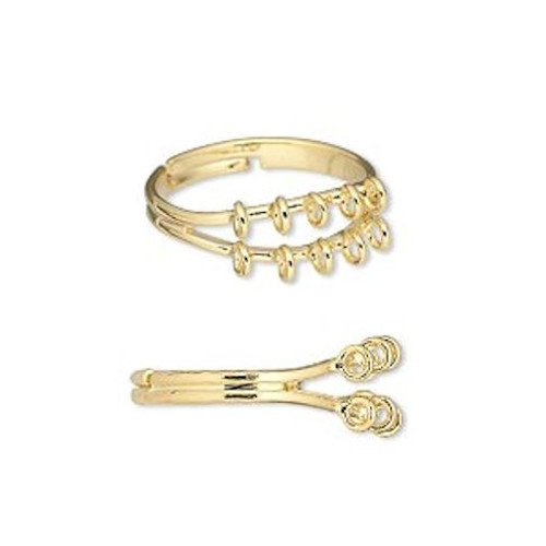 Ring, 6 Gold Plated Brass Adjustable (Size 6-8) Charm Rings with 10 Loops for Beads