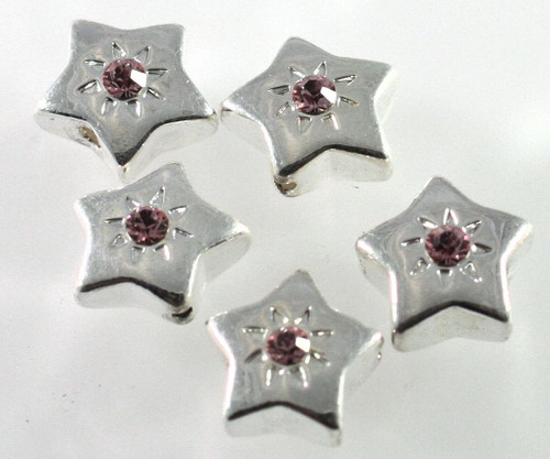 5 Silver Plated Pewter Star Beads 10mm with Swarovski Rose Crystals  *