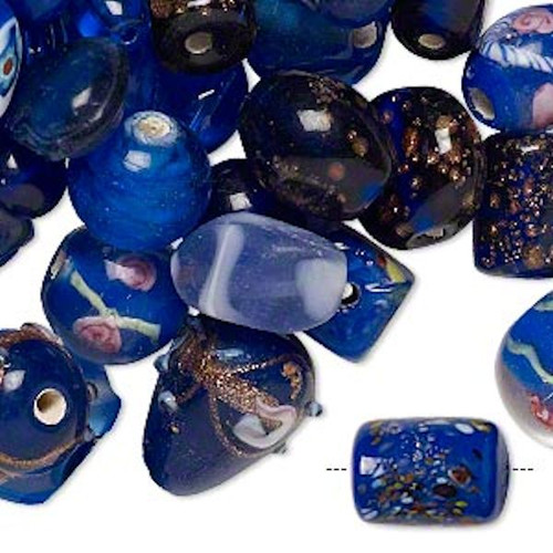 Bead Mix, 100 Grams (60-100 Beads) Fancy Cobalt Blue Lampworked Glass Bead Mix with 1-2mm Hole
