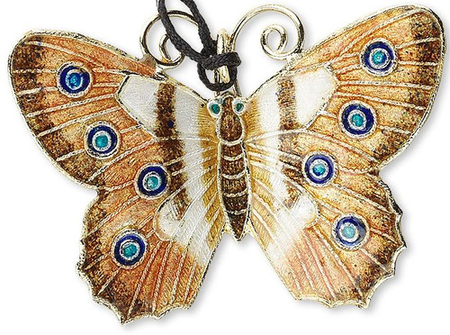 Pendant, Cloisonné 1 Gold Brown White 46x35mm Butterfly Pendant