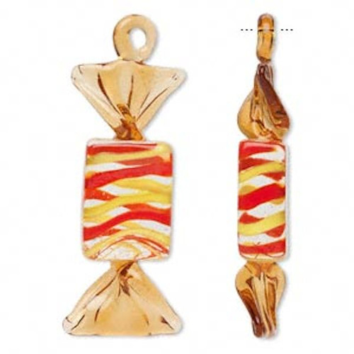 2 Glass Orange Striped Peppermint  66x24mm Wrapped Candy Pendant Charms *