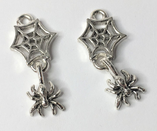 2 Antiqued Pewter  26x12x3mm Swinging Spider with Web Charms *