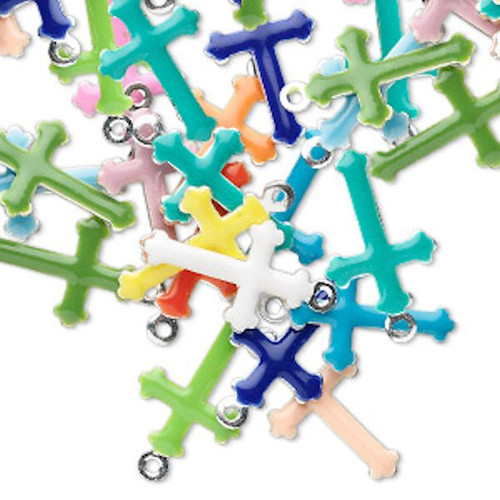 120 Silver Plated & Epoxy Double Sided Mixed Colors 15x9mm Cross Charms