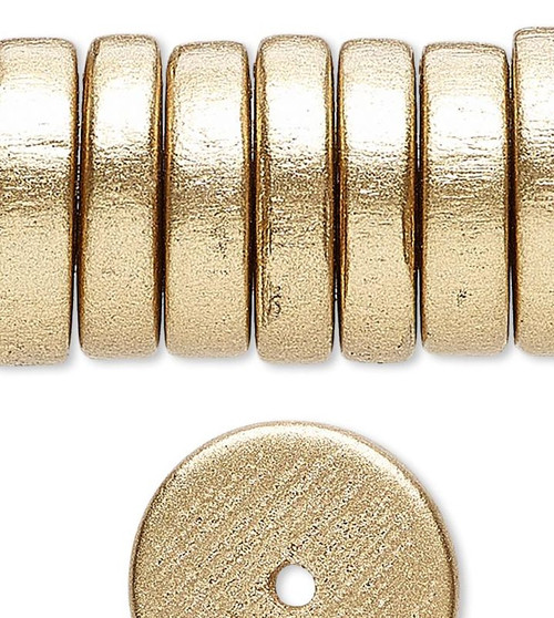 Bead, 8 Inch Strand Wood Metallic Gold 15x4mm Rondelle Disc Beads