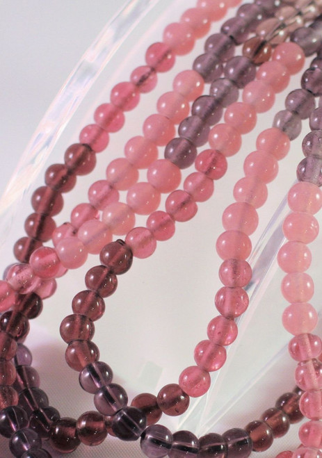 4 Strands Clear,Pink & Purple Tones 6mm Round Glass Bead Mix
